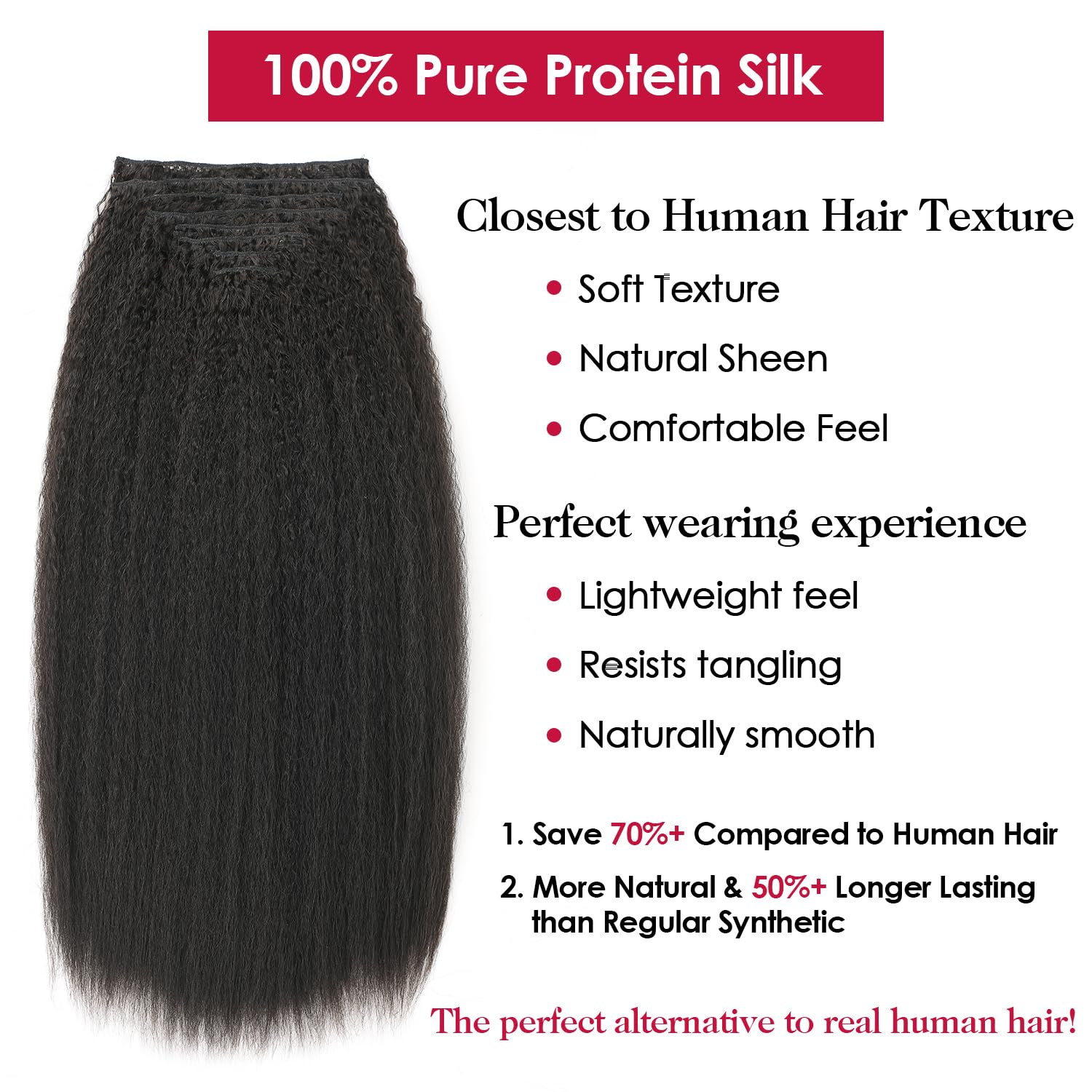 Kinky Straight Clip In Hair Extensions,24inch 200G 8pcs,100% Pure Protein Fiber Close to Human Hair,Natural Black Full Head Double Weft Invisible Yaki Clip Ins for Women (#1B,24inch)