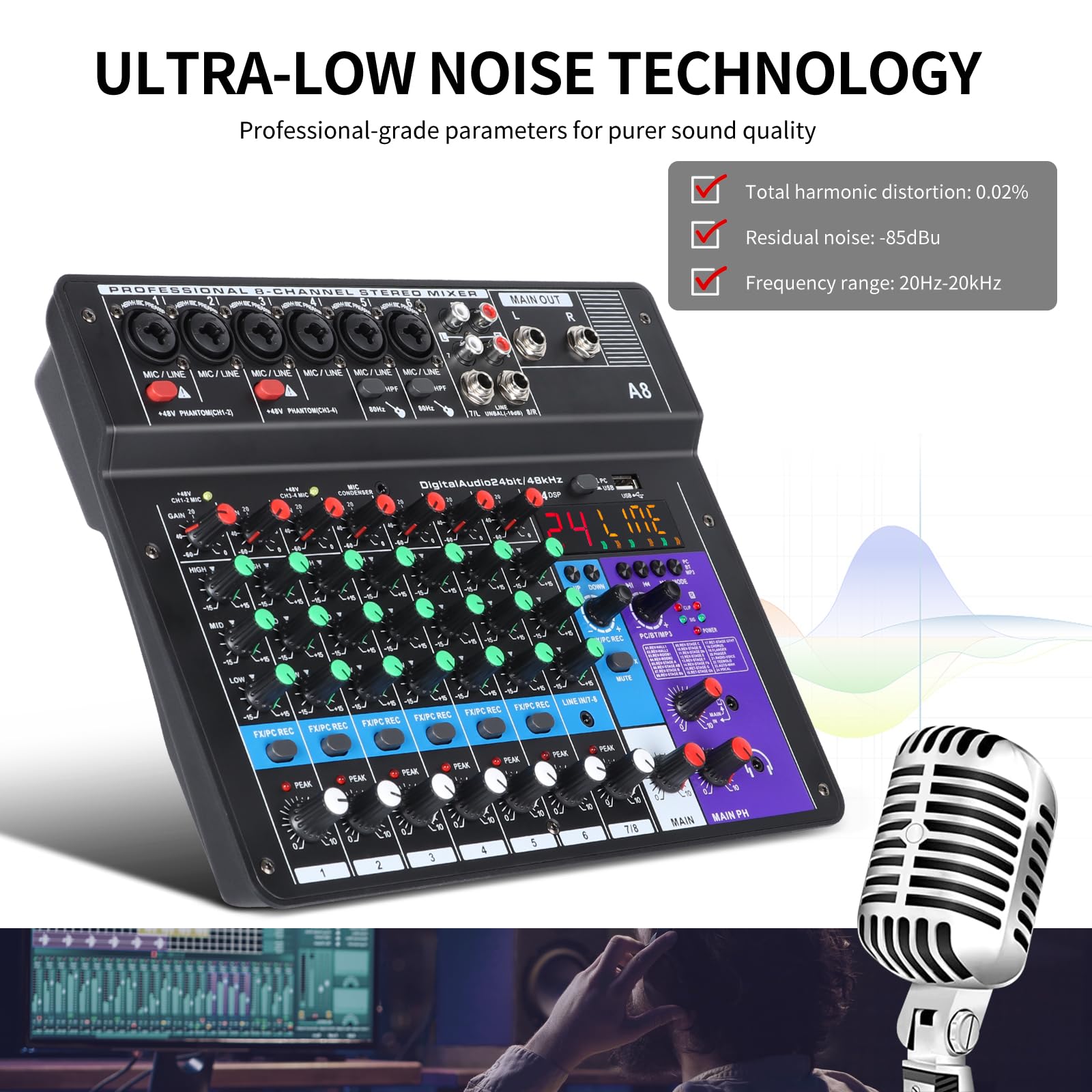 XTUGA A8 Audio-Mischpult, 8 Kanäle, mit USB-Mischpult, Bluetooth-Audio-Mixer und 48 V Phantomspeisung, Rückschleifenfunktion, ideal für Shows und Meetings