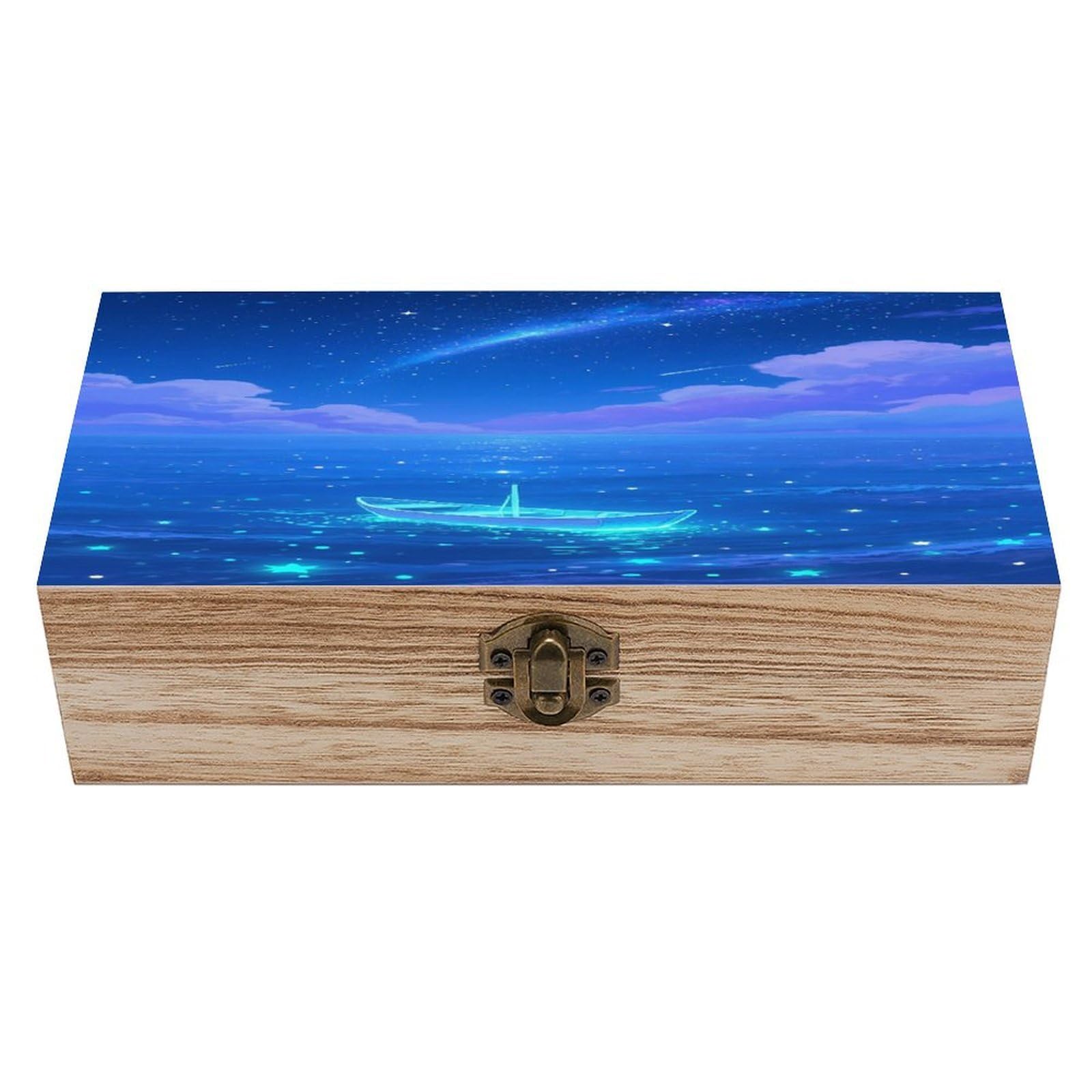 VstaDank Fluorescent Sea Wooden Box Sturdy Vintage Storage Box with Hinged Lid Exquisite Wood Keepsake Boxes Large Jewelry Case Cute Trinket Holder Unique Gift for Men & Women
