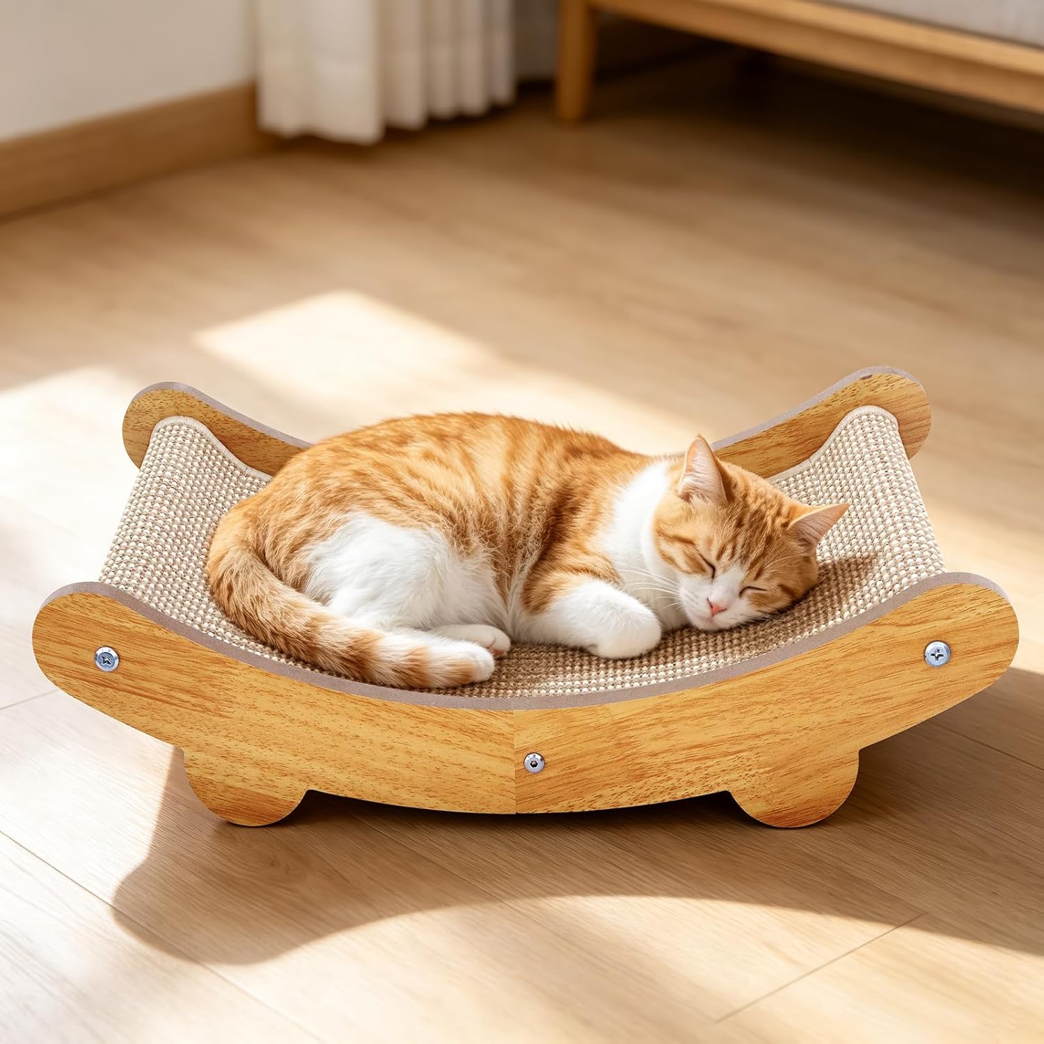 Sisal Cat Scratcher Bed Shaped U, for Indoor Cats, Hammock for Scratching Pad, Large Cat Lounge, Wooden Furniture Protector