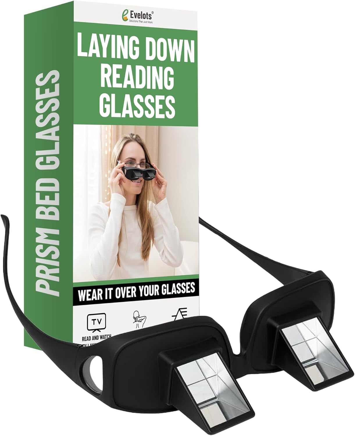 Product image of Evelots Laying Down Reading Glasses - Look Down Bed Readers - High Definition - Lazy Bed Prism Spectacles Horizontal Glasses - Read and Watch TV in Bed - Use Over Your Glasses