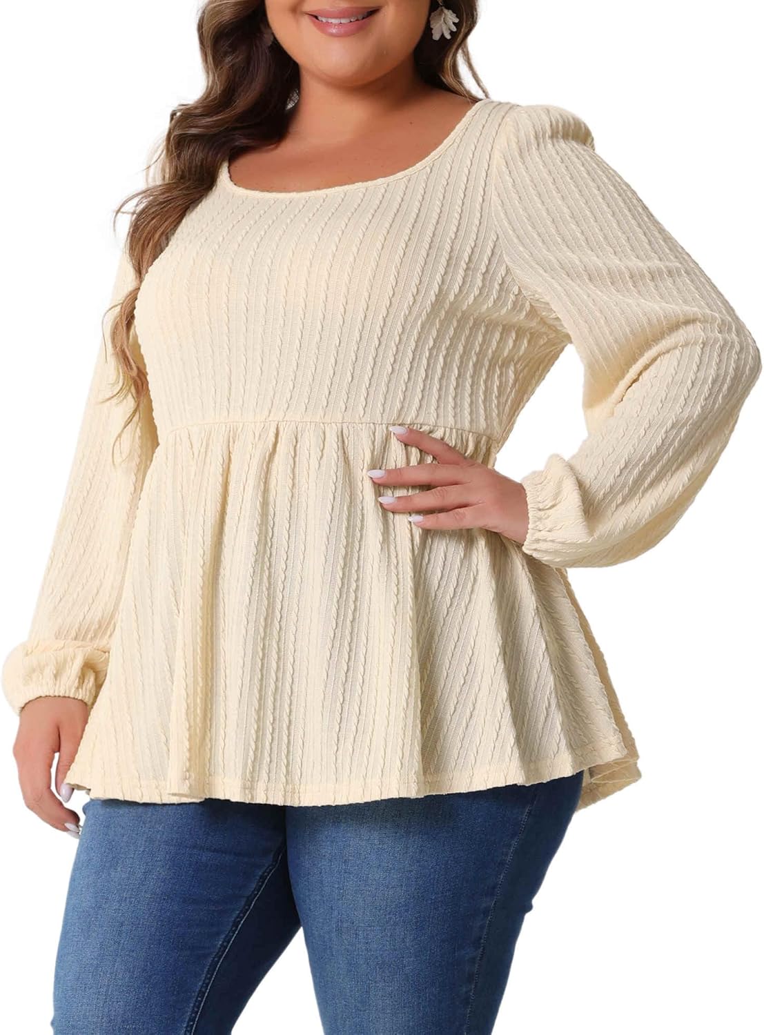 Agnes Orinda Plus Size Blouses for Women Scoop Neck Long Sleeve Ruffle Hem Peplum Knit Top - Image 2