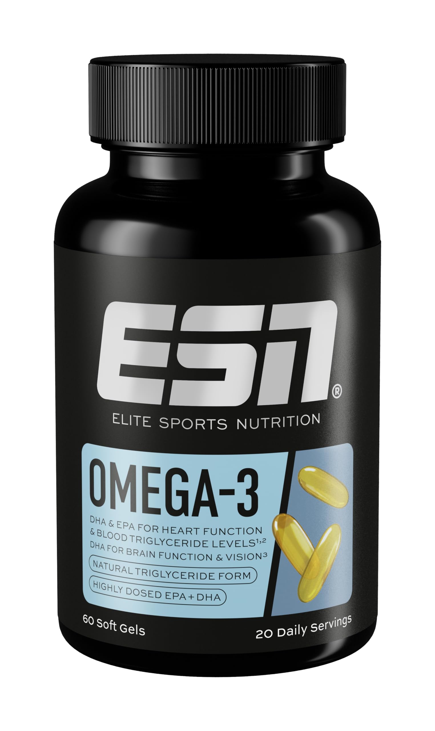 ESN Oméga-3, 60 gélules, huile de poisson hautement dosée avec 1200 mg d'EPA et 900 mg de DHA par portion journalière