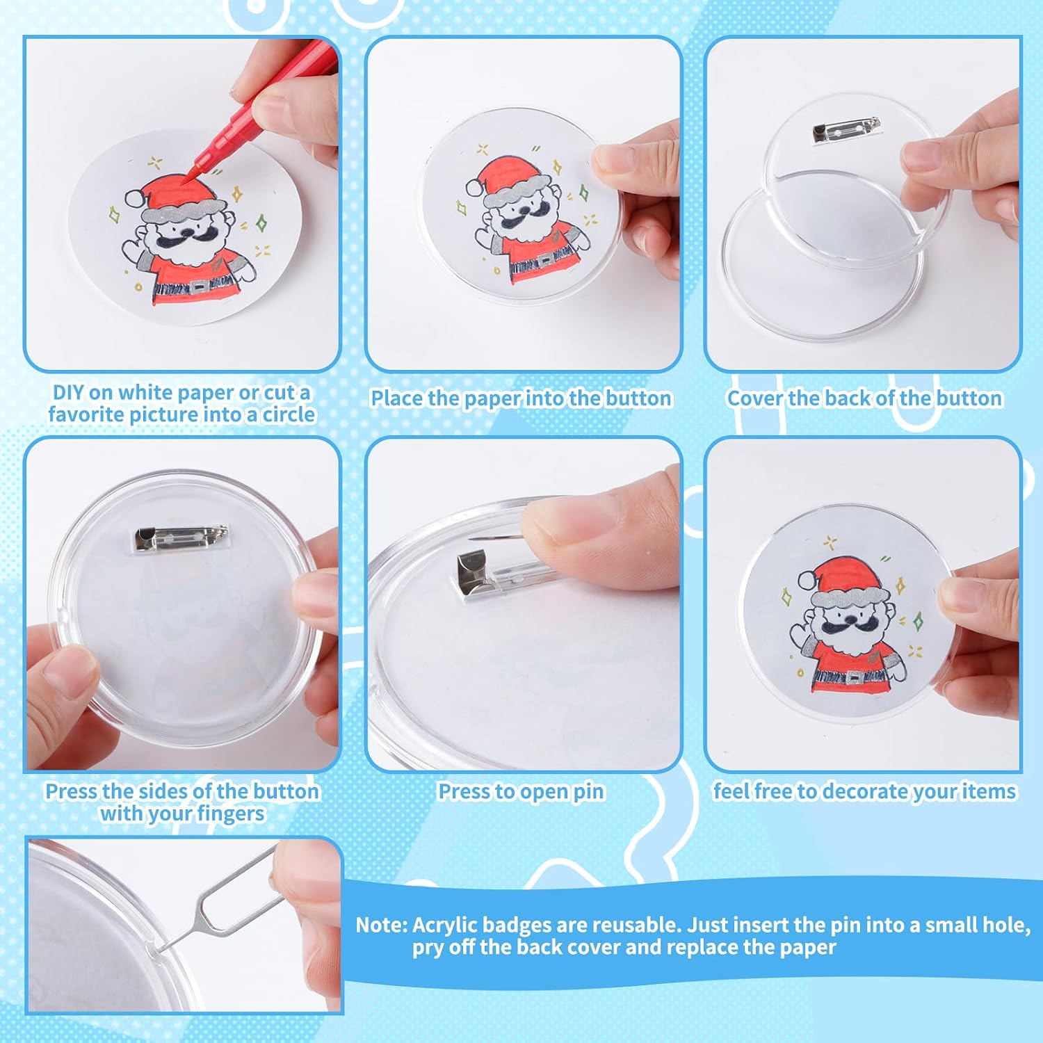 50 Pack Acrylic Button Pins Badge, 50mm/1.97 Inch Clear Pins Buttons Kit, DIY Badges Acrylic Pin Buttons with Blank Round Paper image 4
