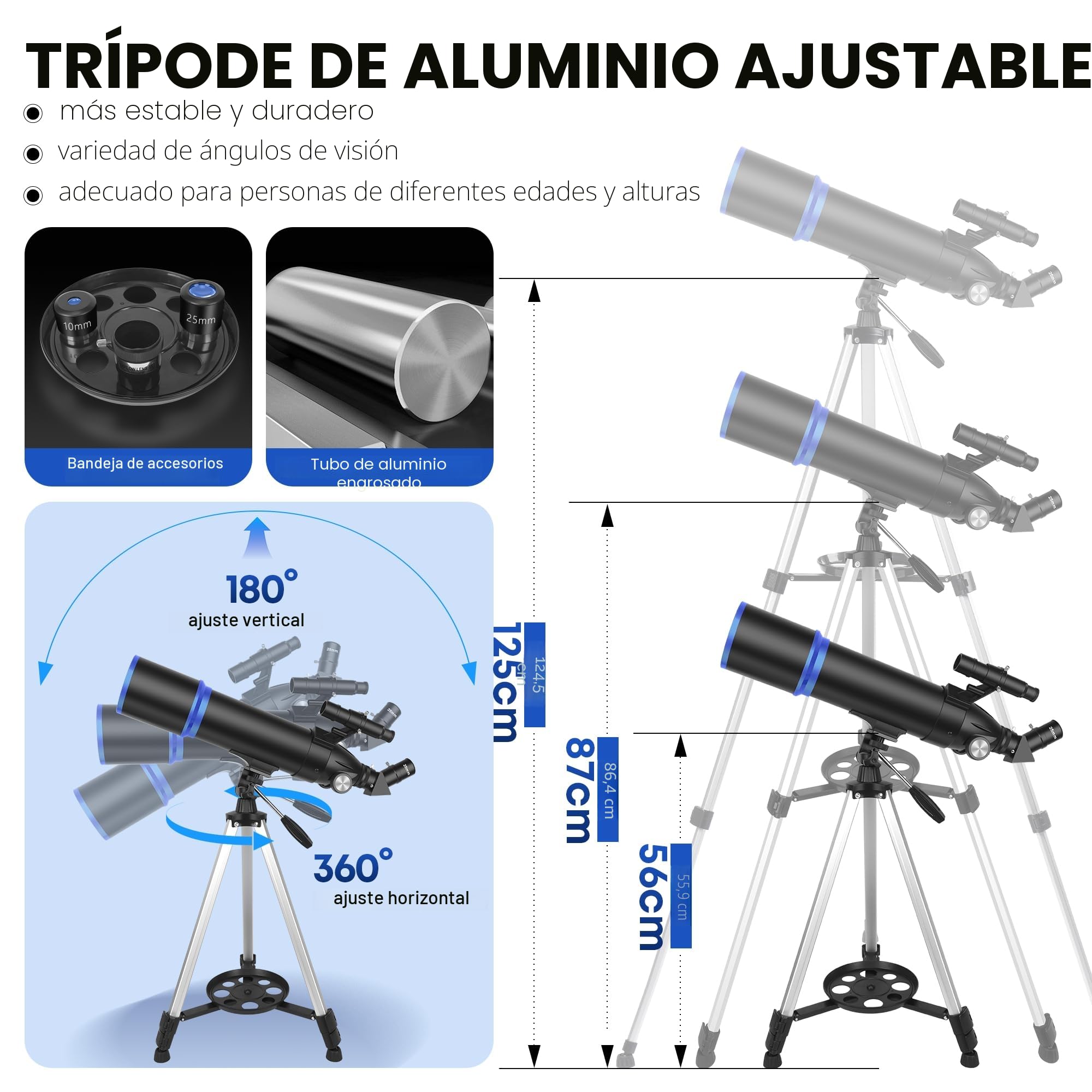 Telescopio para astronomía para Adultos y niños Principiantes, 180x, telescopio Refractor astronómico Profesional 80mm de apertura/600mm, telescopio portátil de Viaje para observación terrestre&Lunar