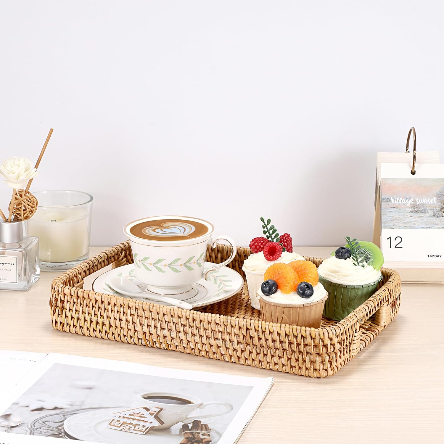 Hipiwe Rattan Serving Tray Hand Woven Tray with Handles Rattan Rectangular Basket Trays for Storage Breakfast Dessert Fruit Decorative Trays for Coffee Table, 11.8x7.9x1.8inch - Image 2