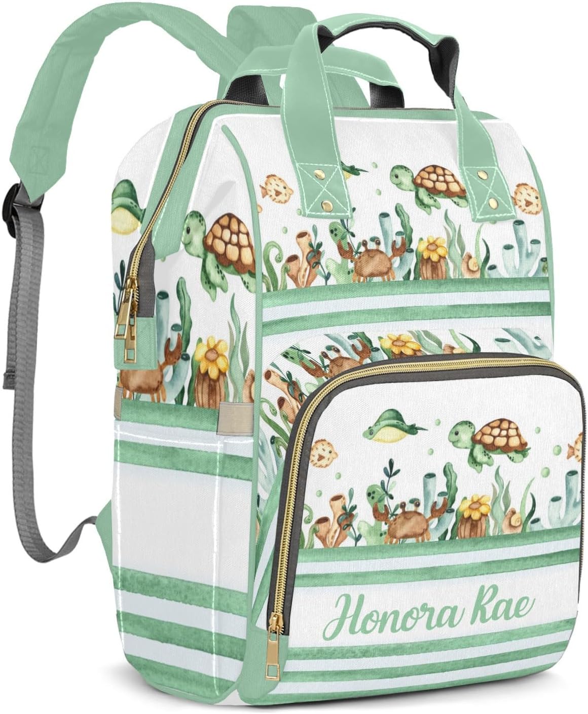 Personalized Watercolor Sea Life Turtle Striped Custom Mom Bag with Name,Dad and Mom Diaper Backpack Waterproof Baby Shower for Boys Girls