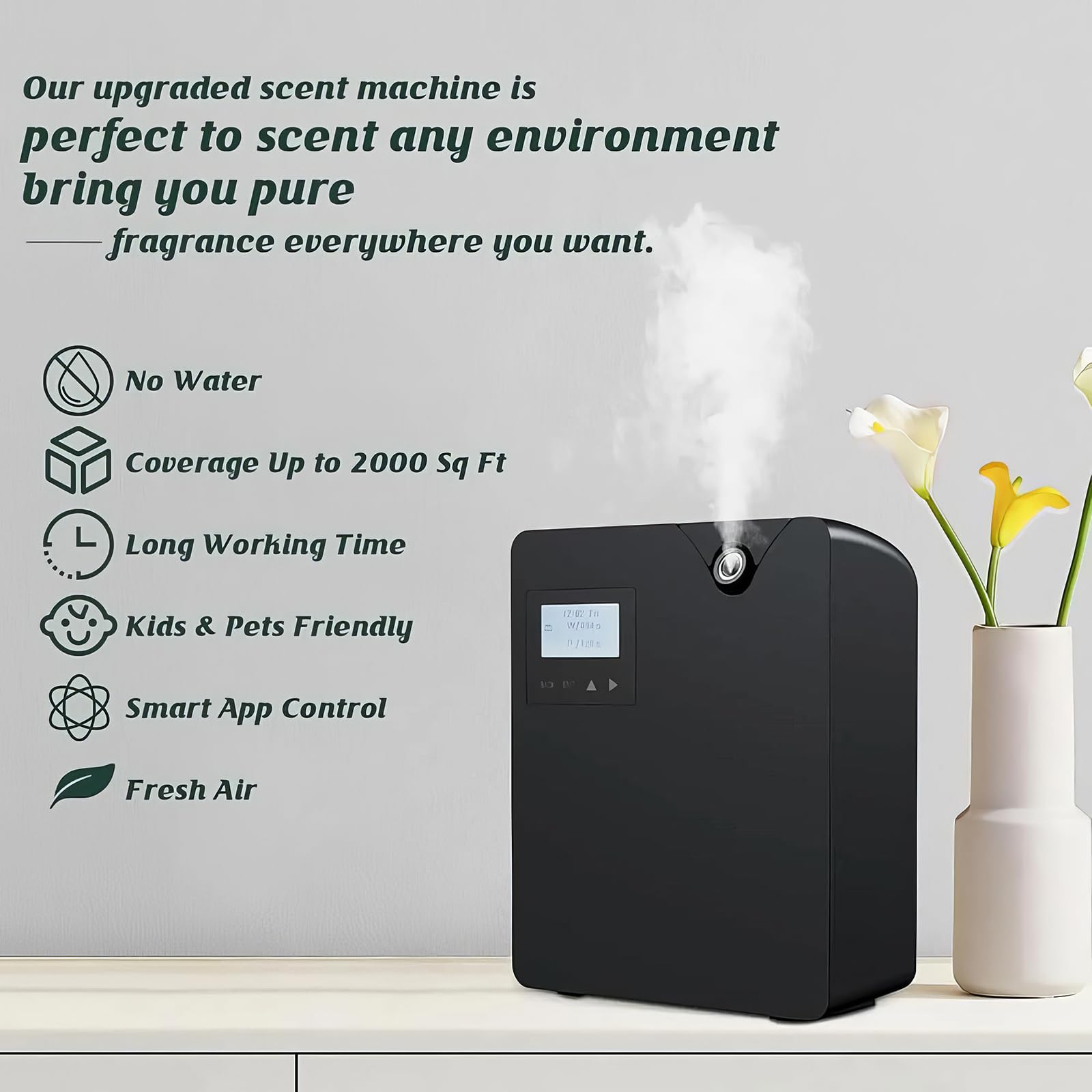 Machine à air parfumée intelligente 300 ml pour la maison,diffuseur d'huiles essentielles sans eau avec technologie de nébulisation,contrôle Bluetooth Wi-Fi,couverture 2000 pieds carrés (Pearl White)