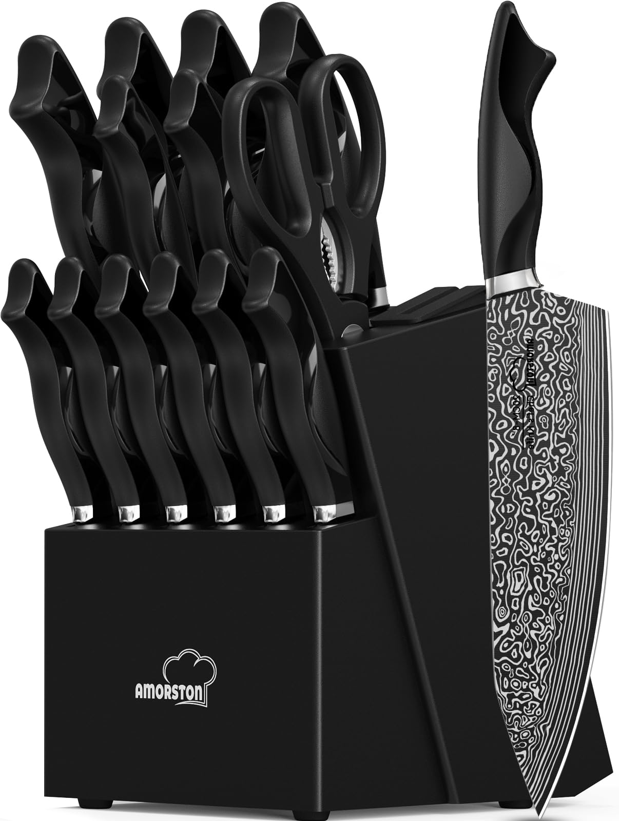 Knife Set, 15 Pieces Kitchen Knife Block Set with Built in Knife Sharpener Block, Dishwasher Safe, German Stainless Steel Knife Sets for Kitchen with Block, Best Gift