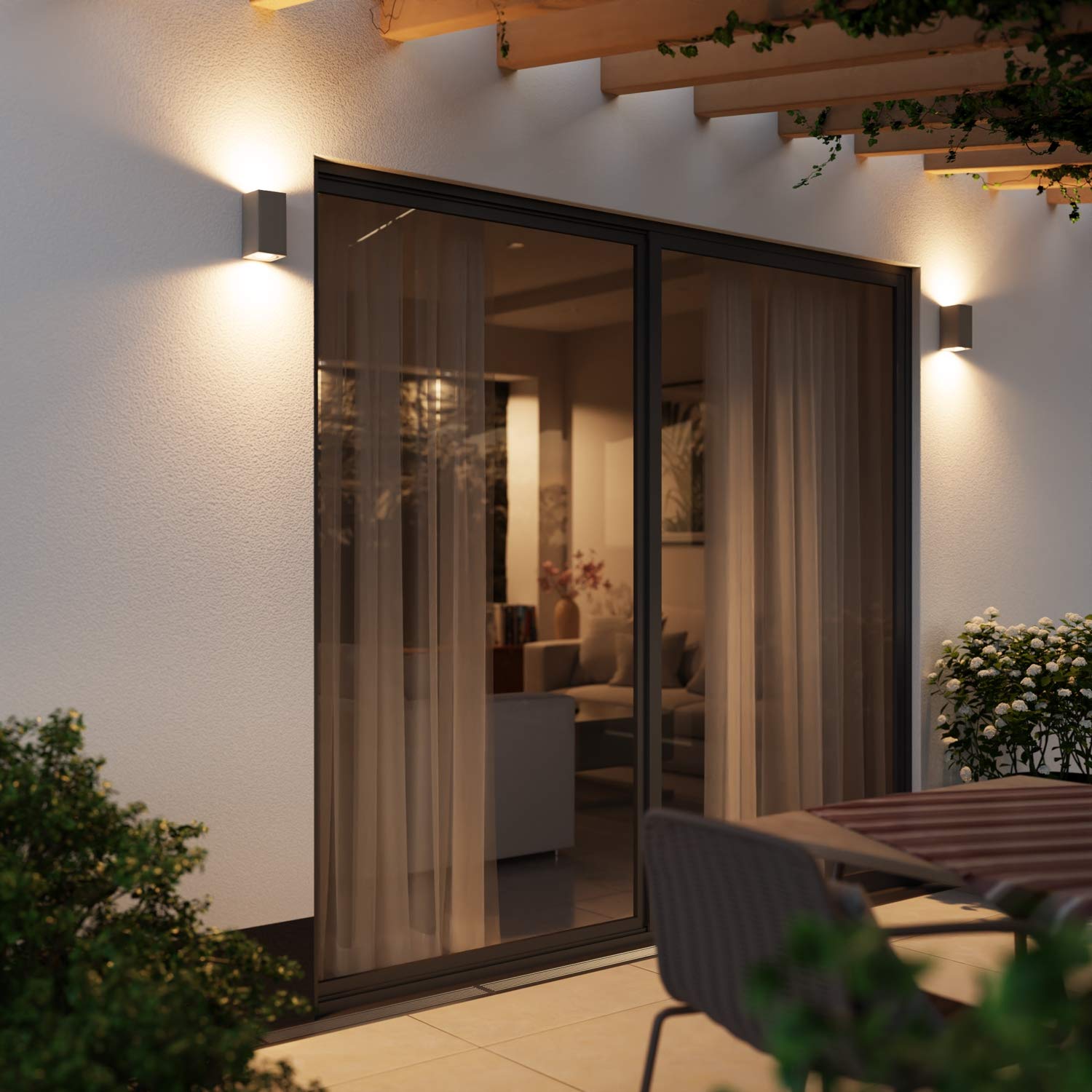 ledscom.de 4x Wandleuchte ALSE für außen, IP54, Up-/Downlight, grau matt, eckig, 2x GU10 max. 35W