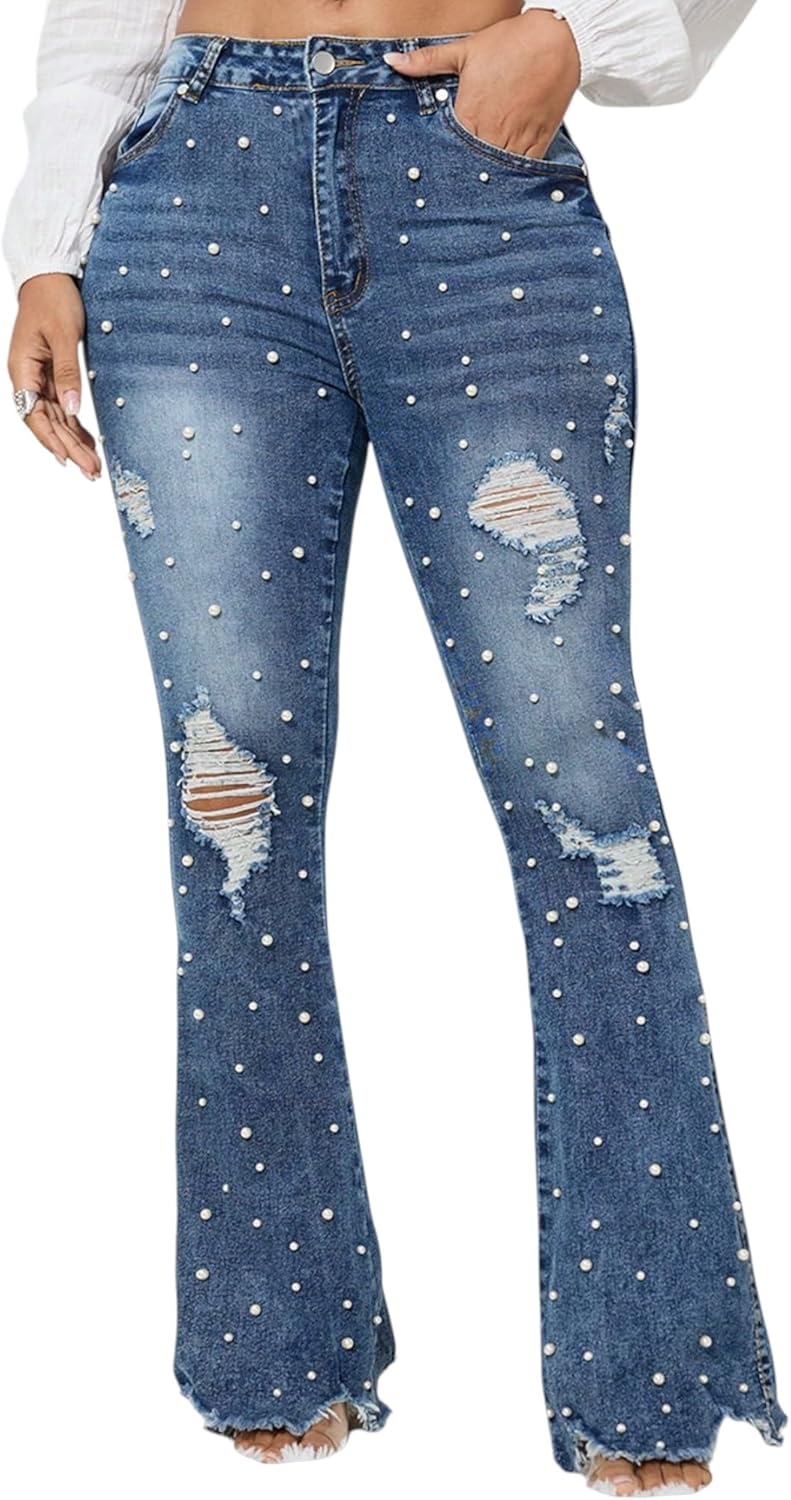 Flare Jeans for Women Trendy Rhinestone Glitter Jeans Sparkly Pearl Denim Pants Tummy Control Casual