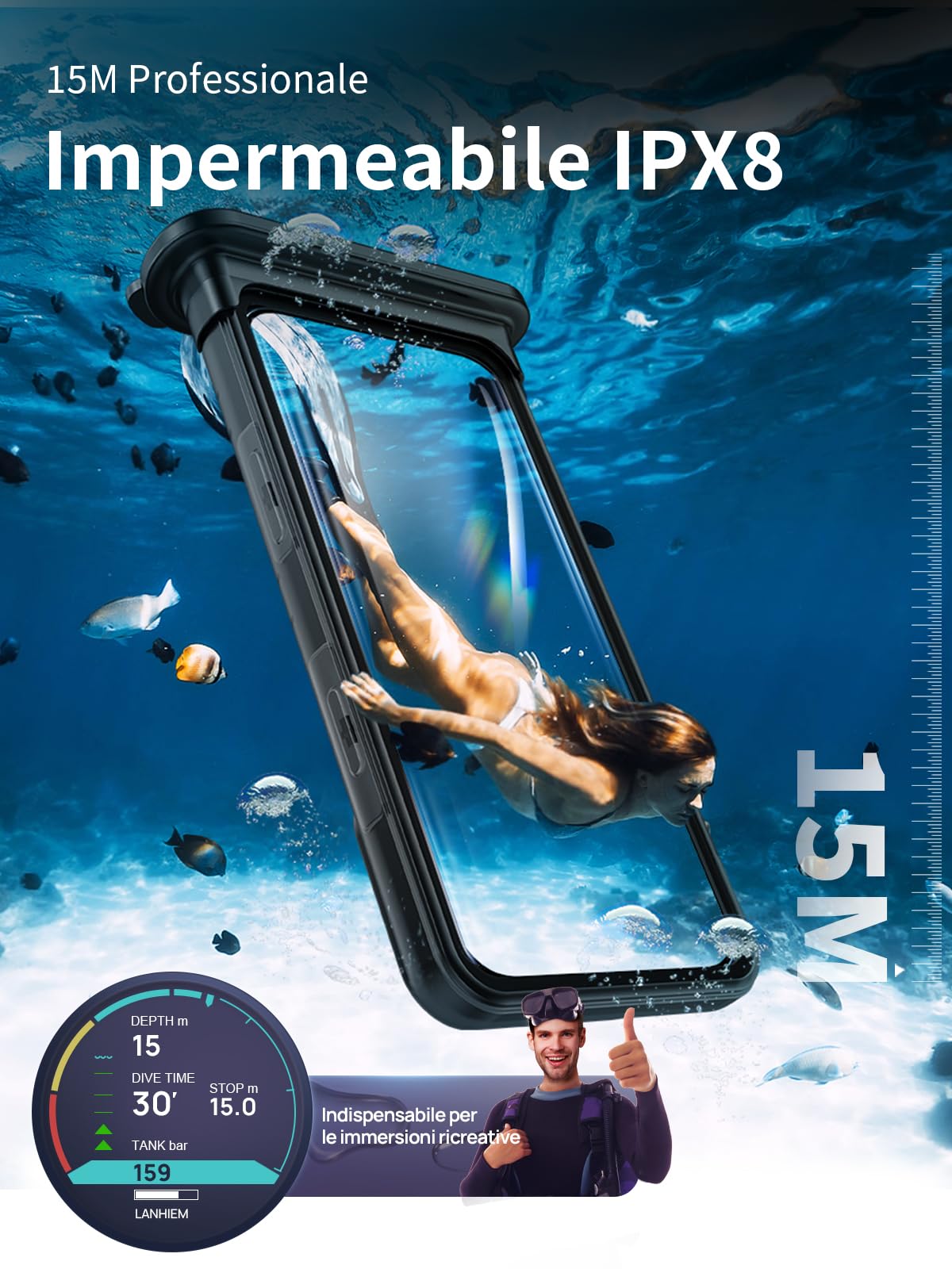 Lanhiem Custodia Impermeabile per iPhone 17/16 16 Pro/15 15 Pro/14 14 Pro/13 13 Pro, 30M/IPX8 Waterproof Cover Subacquea, Touch Screen e Pulsanti Subacquei Solo per iPhone 13 a 16 (6.1"-6.3")