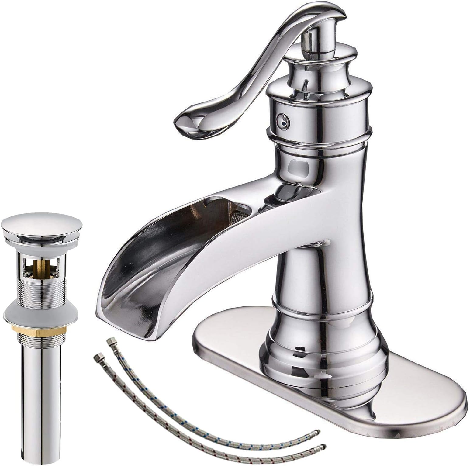 BATHLAVISH Bathroom Faucet Chrome Waterfall Single Hole Sink Vanity One Handle with Pop up Drain Assembly Mixer Tap Overflow Lead-Free