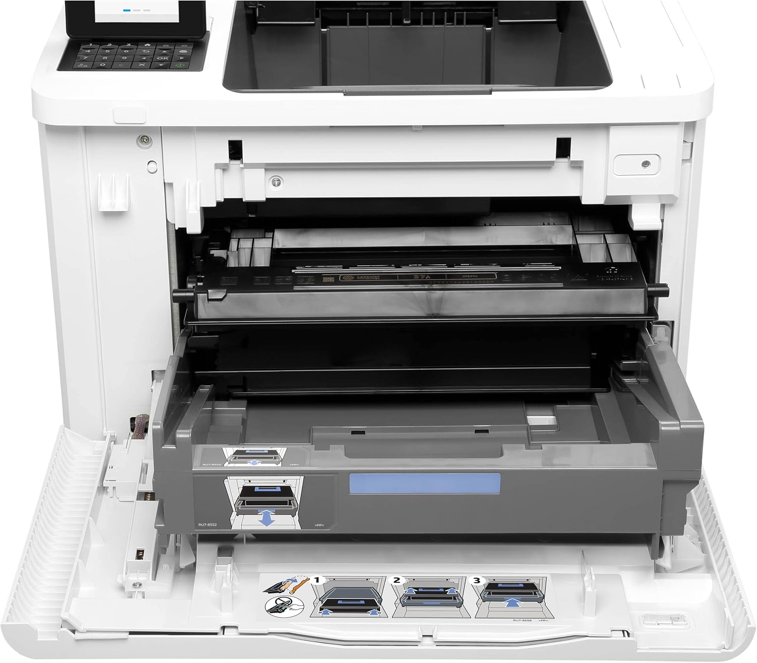 HP LaserJet Enterprise M607n with front panel open, showing toner cartridge and paper tray