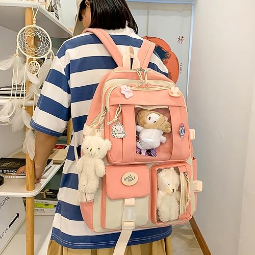 Miniatura 4 de pdghiue Juego de mochila Kawaii estética de 5 piezas con pin Kawaii y accesorios colgantes, material de nailon Duradero y adorable, Rosado, Kawaii