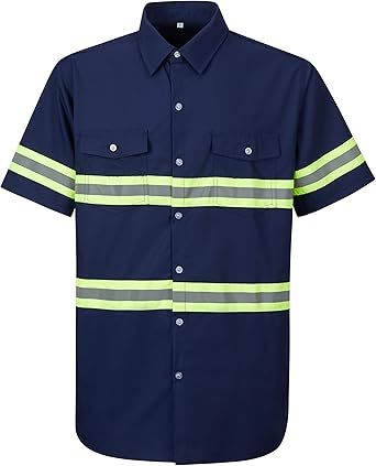Class 3 Hi Vis Button Up Safety Work Shirts for Men Reflective