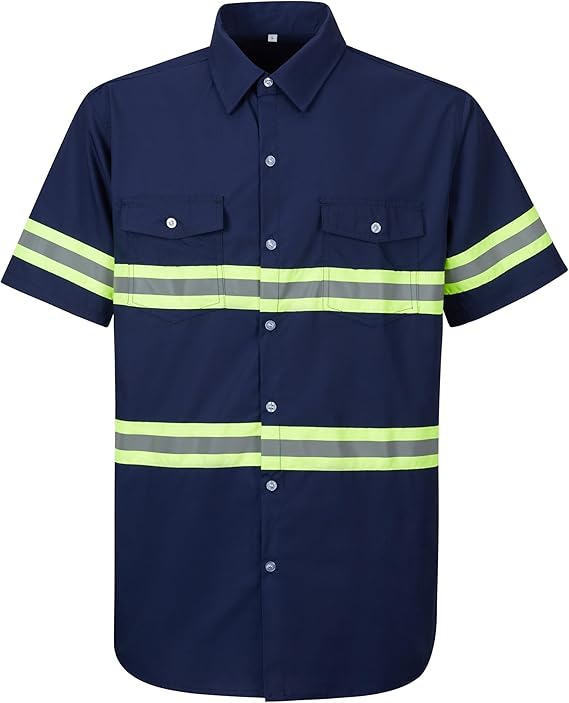 Class 3 Hi Vis Button Up Safety Work Shirts for Men Reflective