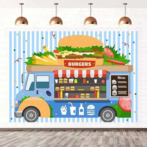 Miniatura 3 de Fondo de hamburguesa para camión de comida rápida, postre de tienda, hamburguesas, papas fritas, bebidas, fotografía, telón de fondo para niños,