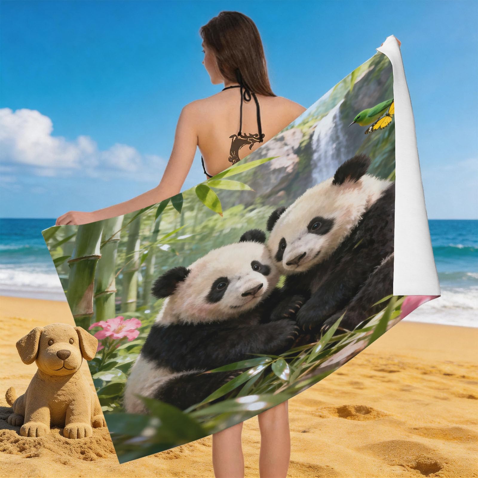 Leichong 3D Panda Illustration Beach Towel Large Microfiber Soft Quick Dry for Adults, Wild Animal Bath Towel Lightweight Soft Absorbent for Travel Swimming Pool Sports, 80 x 160 cm