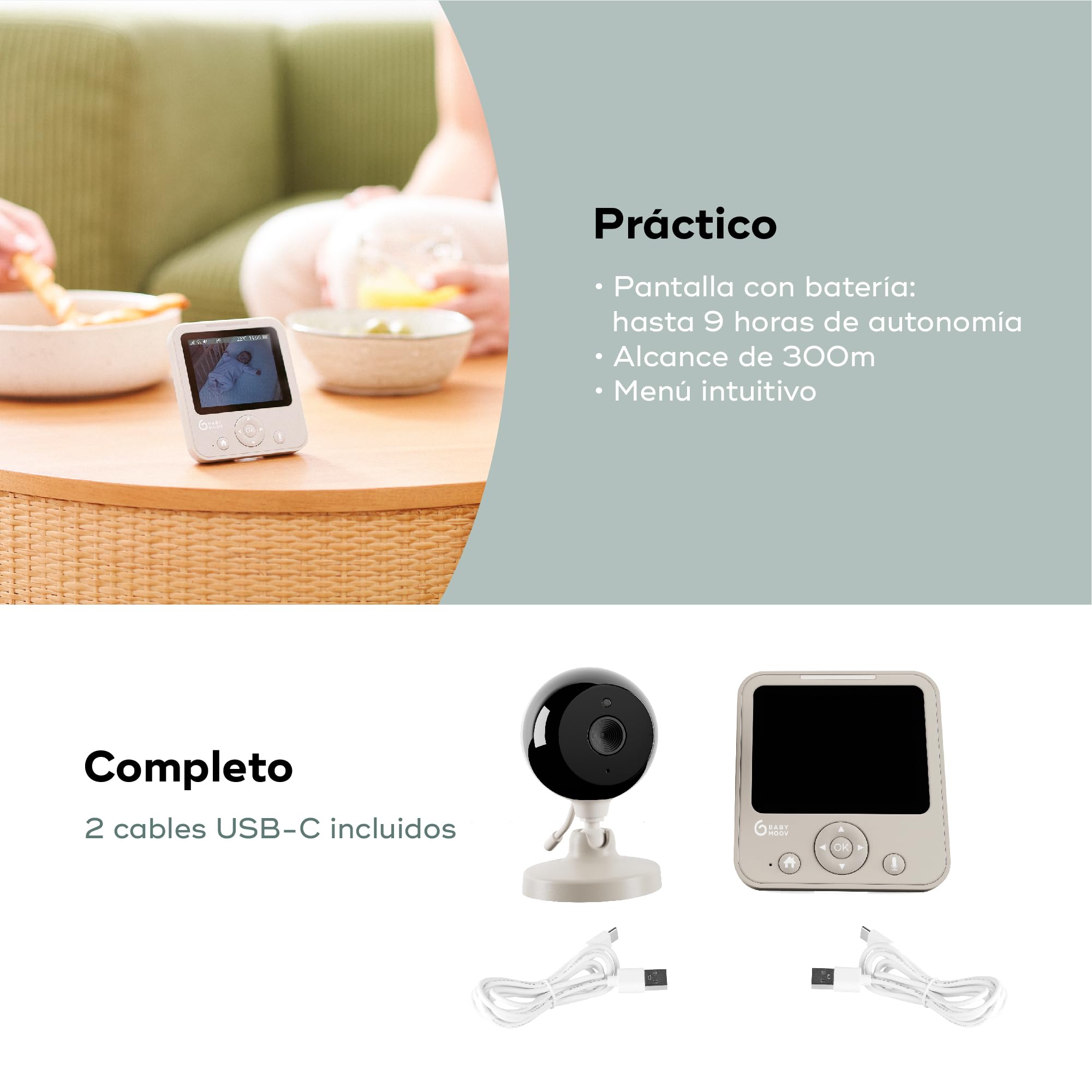 Babymoov - Babyphone cámara Yoo Start - Pantalla de batería - 300 m de alcance - Visión nocturna y función VOX - Canciones - Garantía de por vida
