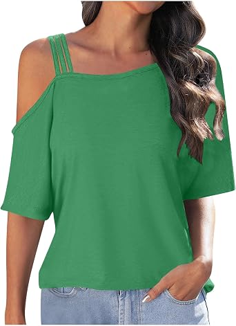 Women Cold Shoulder Tops Summer Short Sleeve Shirts Loose Fit Casual Comfy T Shirts Summer Spring Dressy Blouse