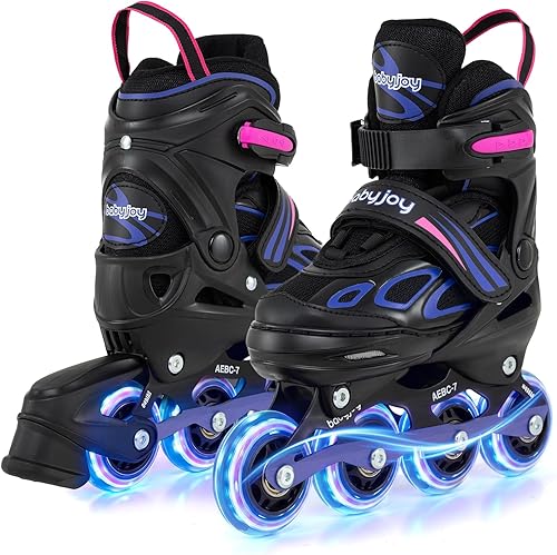Vista 11 de BABY JOY Patines en línea, 4 tamaños ajustables para niños con ruedas iluminadas para niños de 5 a 14 años, divertidos patines iluminadores