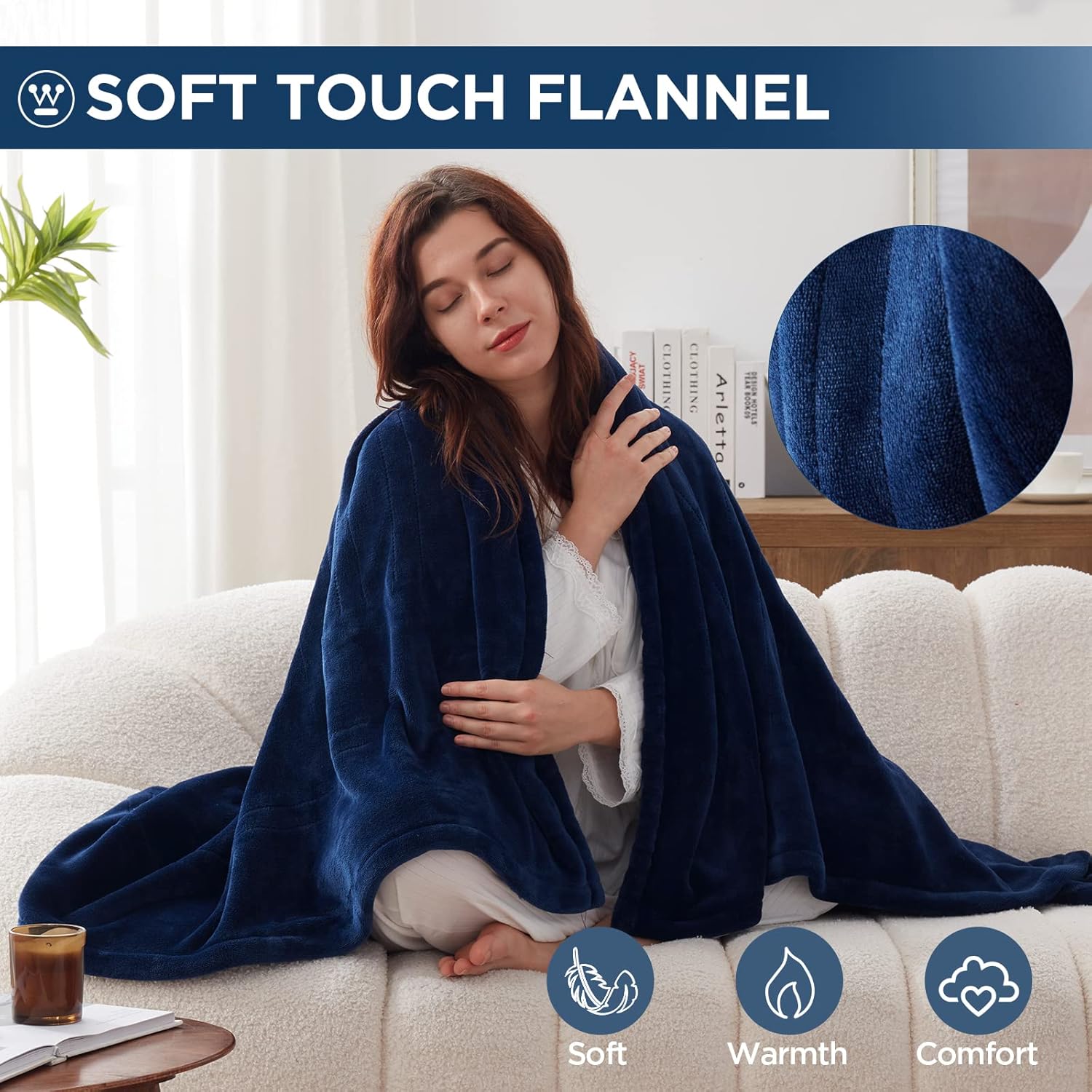 Westinghouse Electric Blanket Heated Throw, Super Cozy Soft Flannel 50"" x 60"" Heated Throw with 6 Fast Heating Levels & 2-10 Auto-Off, Machine Washable, ETL&FCC Certification, Navy Blue - Image 2