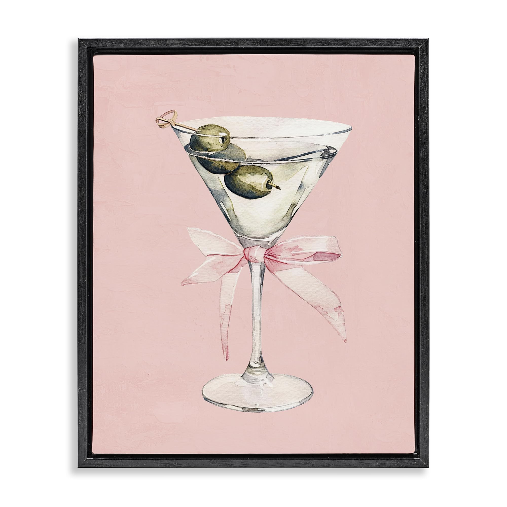 Stupell Industries Jet Black (Matte) 'Martini With Pink Bow'| Floating Frame Canvas Art