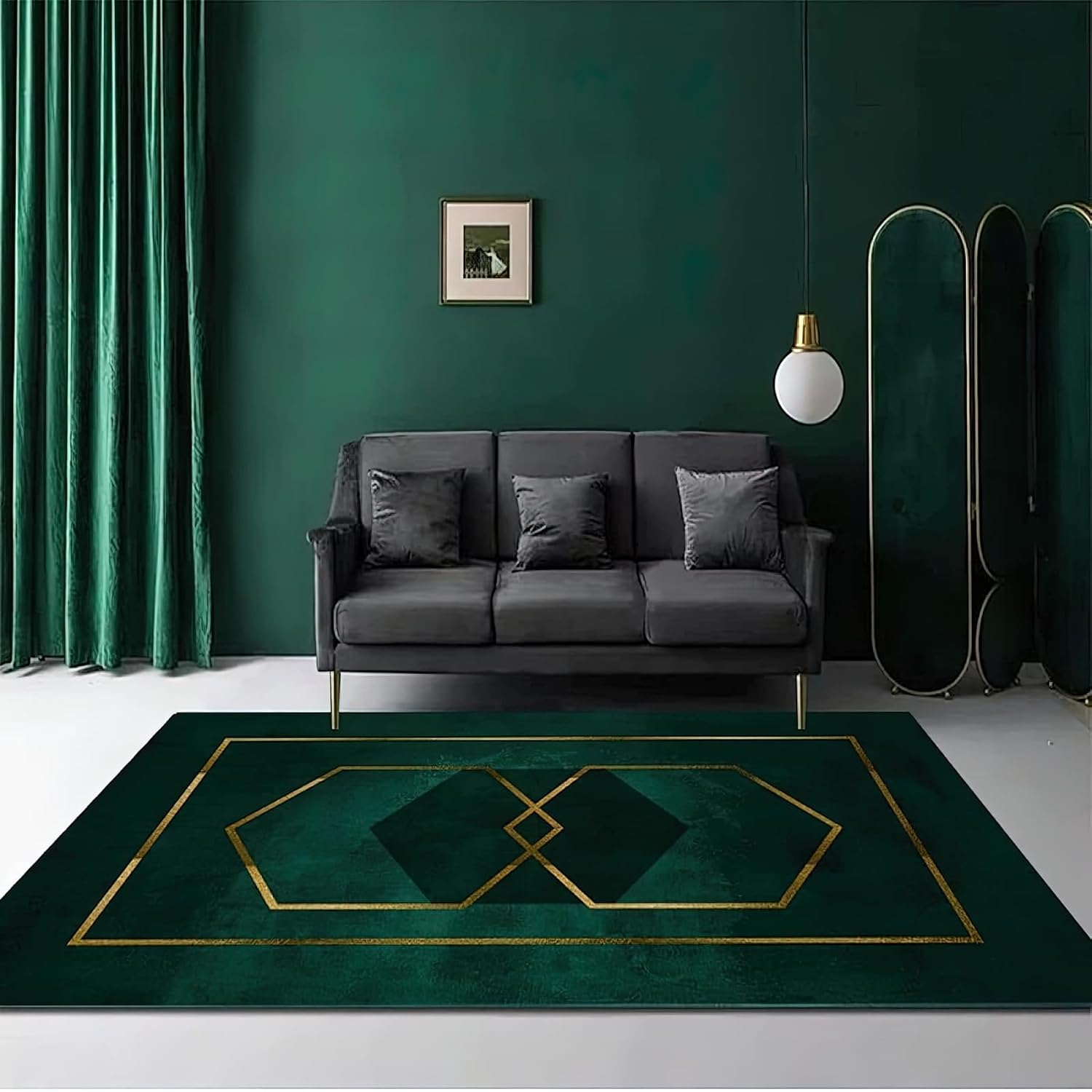 Luxury Emerald Green Geometry Area Rug, Light Luxury Gold Thread Non Slip Easy Care Kids Rugs, Breathable Durable Carpet for Indoor Bedroom Living Room Office Decor Rug - 6 ft x 9 ft