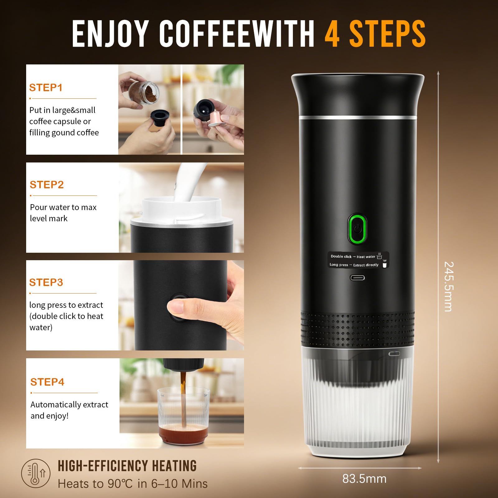 Cafetera Portátil 3 en 1 Eléctrica, Máquina de Café de Viaje 20 Bar con Autocalentamiento, Compatible con Cápsulas y Café Molido, Batería 7500mAh para Camping y Coche