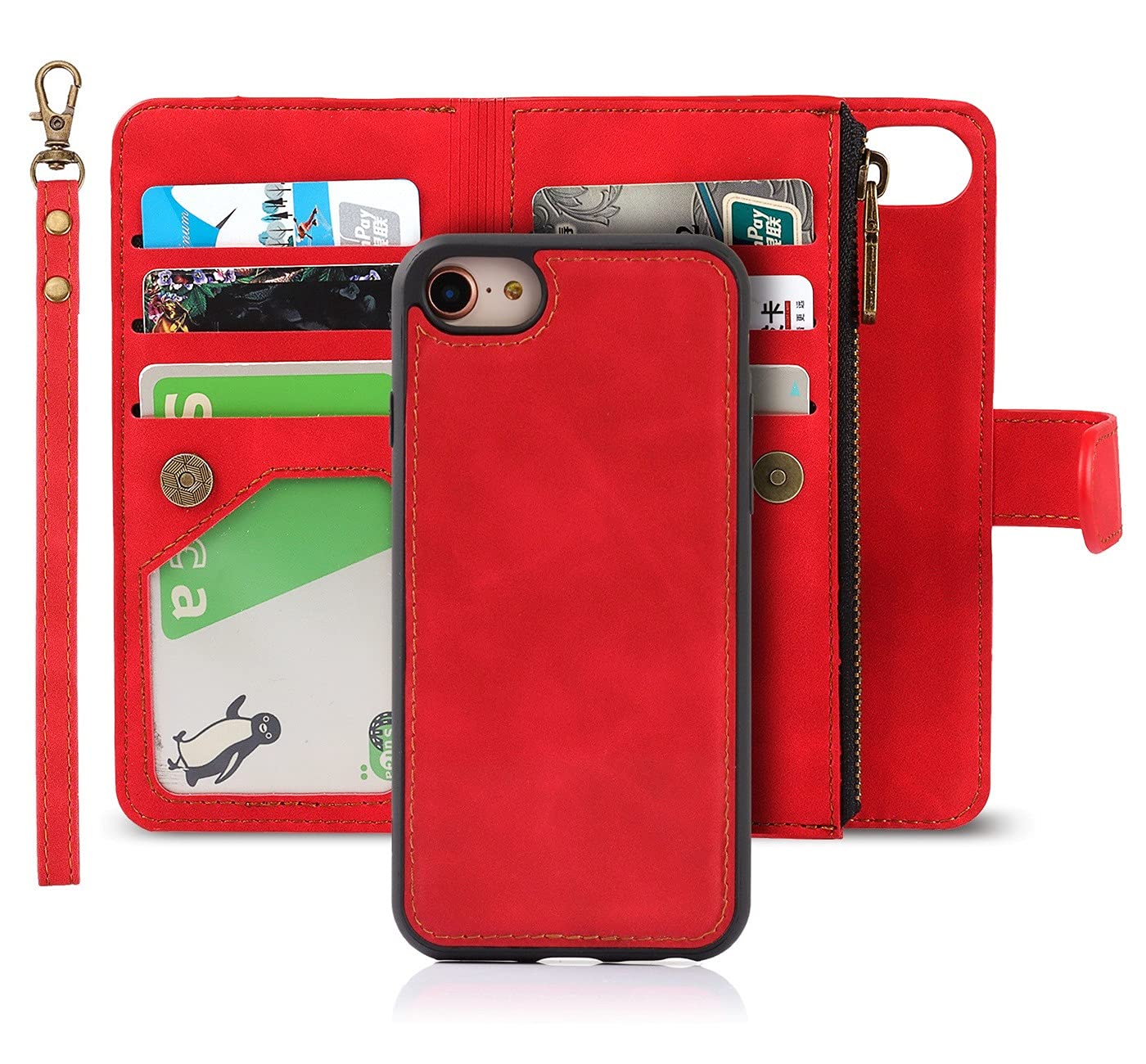 iCoverCase for iPhone SE(2022)/SE(2020)/7/8/6/6s Wallet Phone Case with Card Holder, PU Leather Magnetic Detachable Case with Wrist Strap (Red)