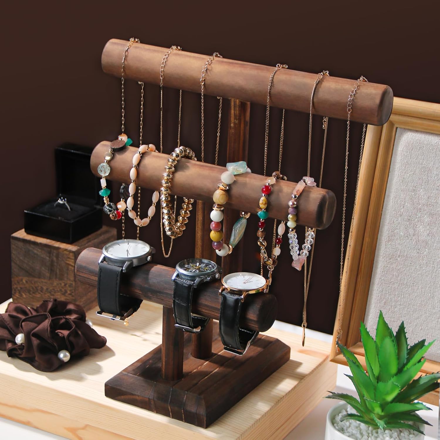 Bracelet Holder, Bracelet Display Stand for Vendors, T-Bar Necklace Scrunchie Wooden Storage Rack, Bangle Watch Jewelry Display Tower (3 Tier)