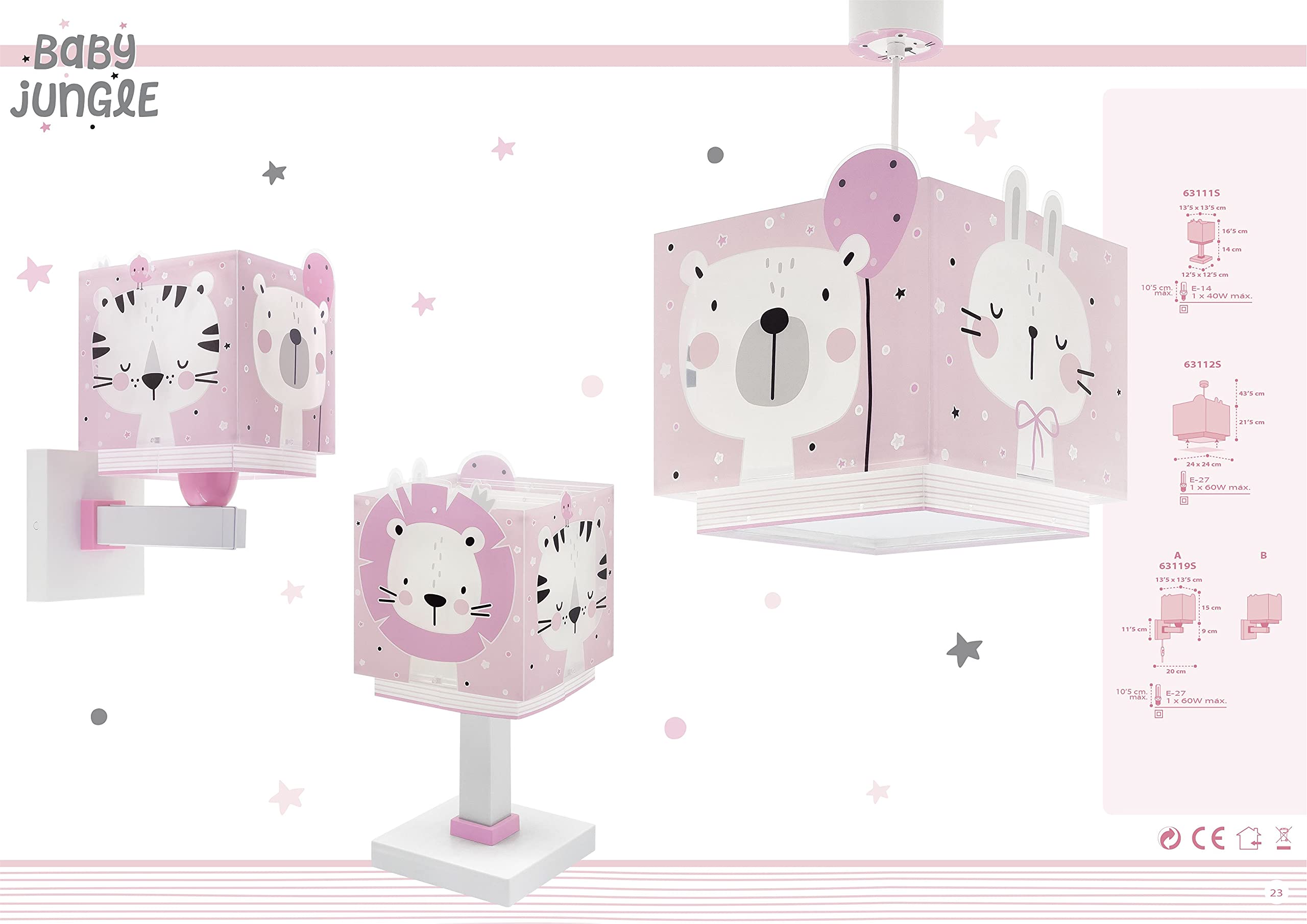 Dalber Lámpara Infantil De Techo Colgante Baby Jungle Jungla Rosa Oso León Tigre Conejo Animales, 63112S, E27