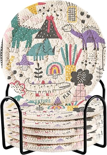 Drink Coasters Absorbent with Holder Set of 6 Coasters for Coffee Table Absorbant Coasters Porta Vasos para Mesas Bright Dinosaurs Safari Mushroom