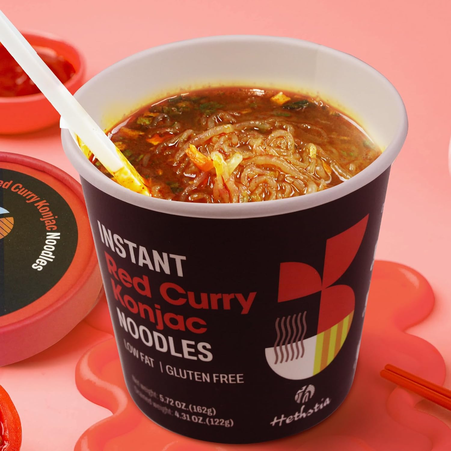 Hethstia Konjac Noodles Red Curry & Chicken Protein Ramen, Instant Shirataki Angel Hair Noodles in Spicy Red Curry Soup, Paired with High-Protein Vegan Ramen, Non-GMO, Low Fat, Air-Dried, Healthy Meal