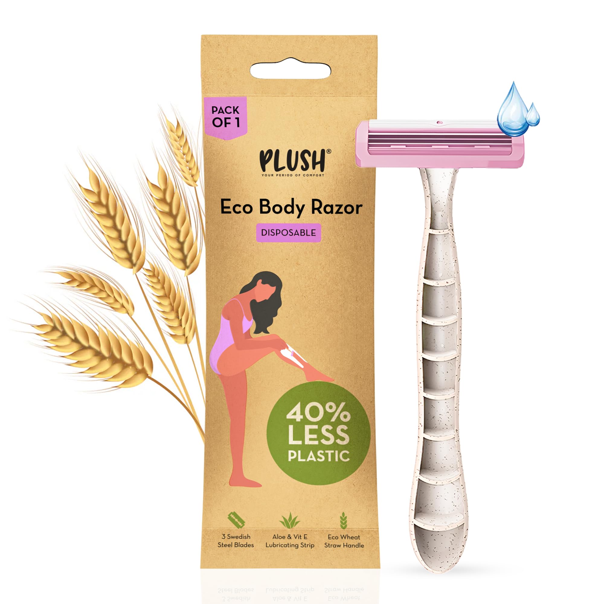 Plush Eco Disposable Body Razor for Women (Pack of 1) | 3 Swedish Steel Blades for Smooth Shave | Aloe & Vitamin E Lubricating Strip & Wheat Straw Handle | Irritation-Free Hair Removal Razor (B0D845JK32) Amazon Price History, Amazon Price Tracker