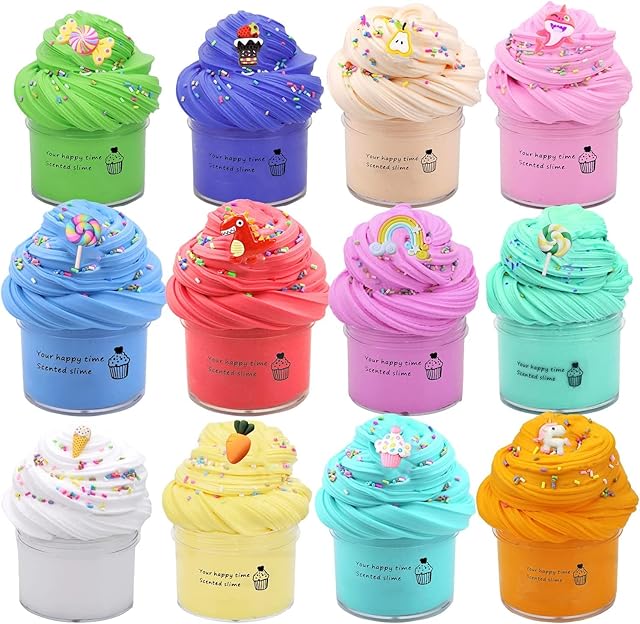 12 Pack Fluffy Butter Slime Kit,With 12 Pack Cute Mini Charms,Cute Slime Party Gift,Super Soft and Non-Sticky,Stress Relief Toy for Girls and Boys