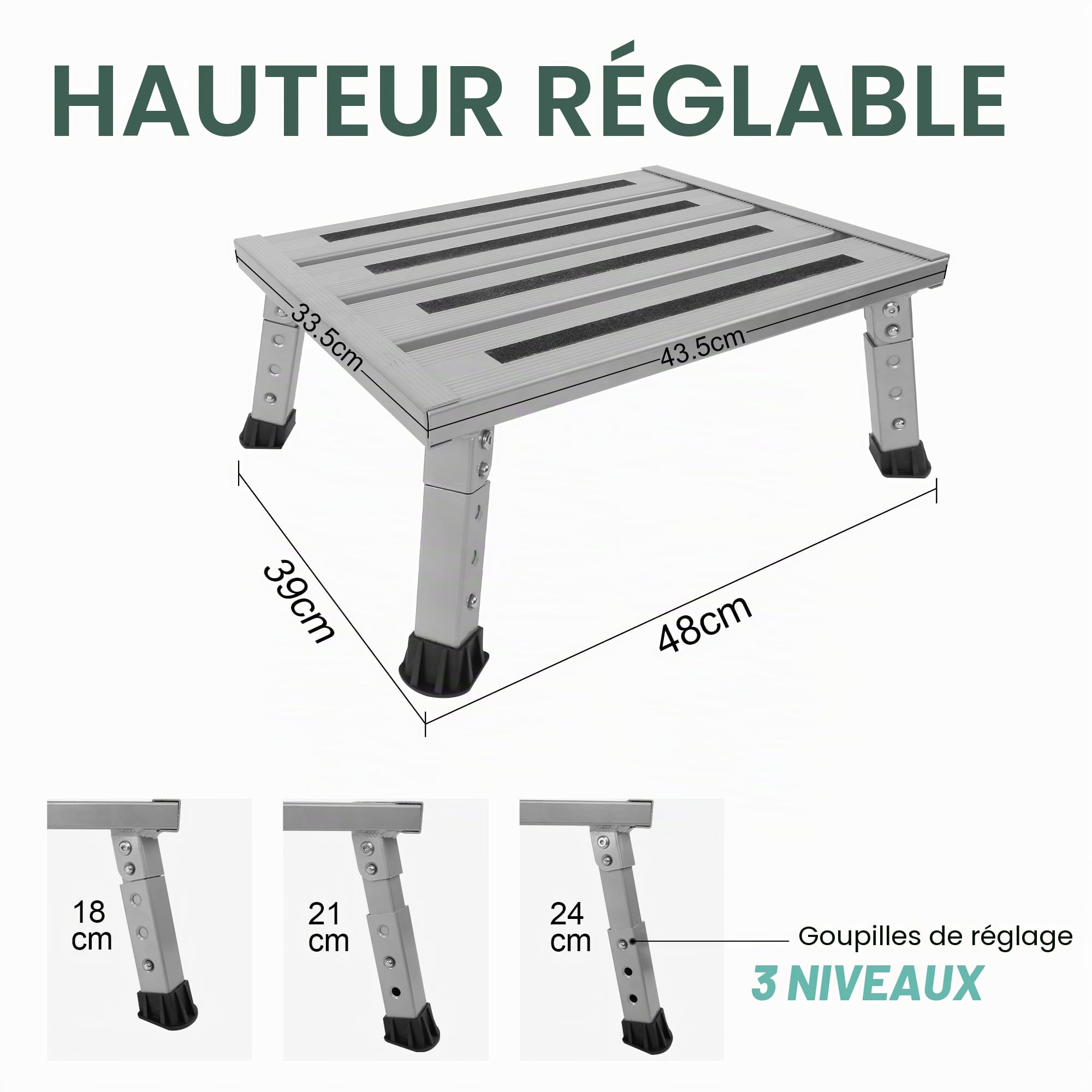 Tabouret pliable réglable pour caravane, camping-car, SUV, en métal résistant, supporte 350 kg, antidérapant et pliable, 3 niveaux de hauteur (18-24 cm), portable, pour camping, personnes âgées