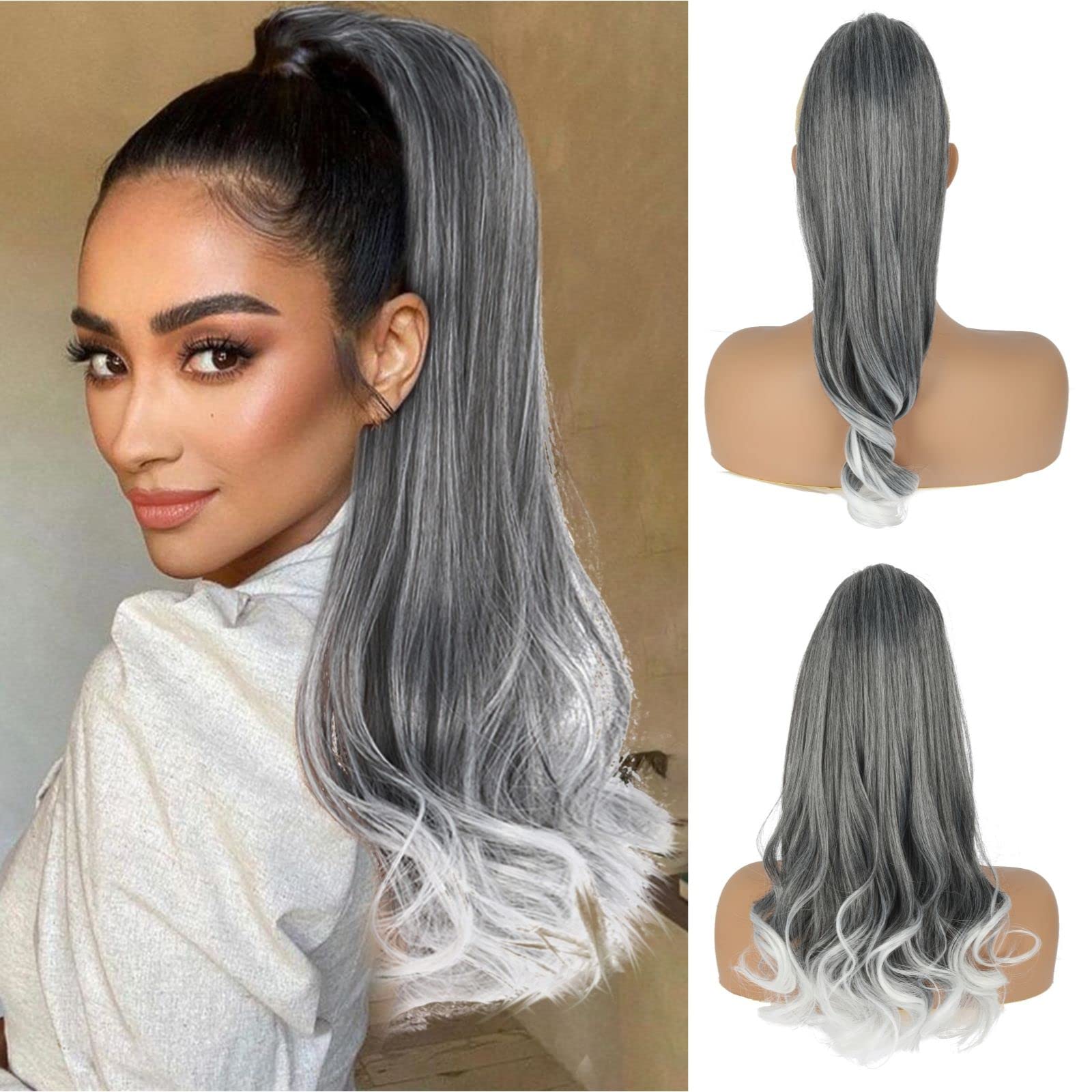 Grey ponytail draw string hair pcs clipin Heidi Amazon.com : Short Gray Drawstring Ponytail Loose Curly Grey  main image 2