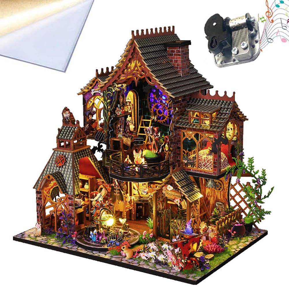 Kit fai da te per la casa delle bambole in legno, accessori creativi per la casa delle bambole, kit per la costruzione di piccole case con luci a LED e mobili (con copertura antipolvere)