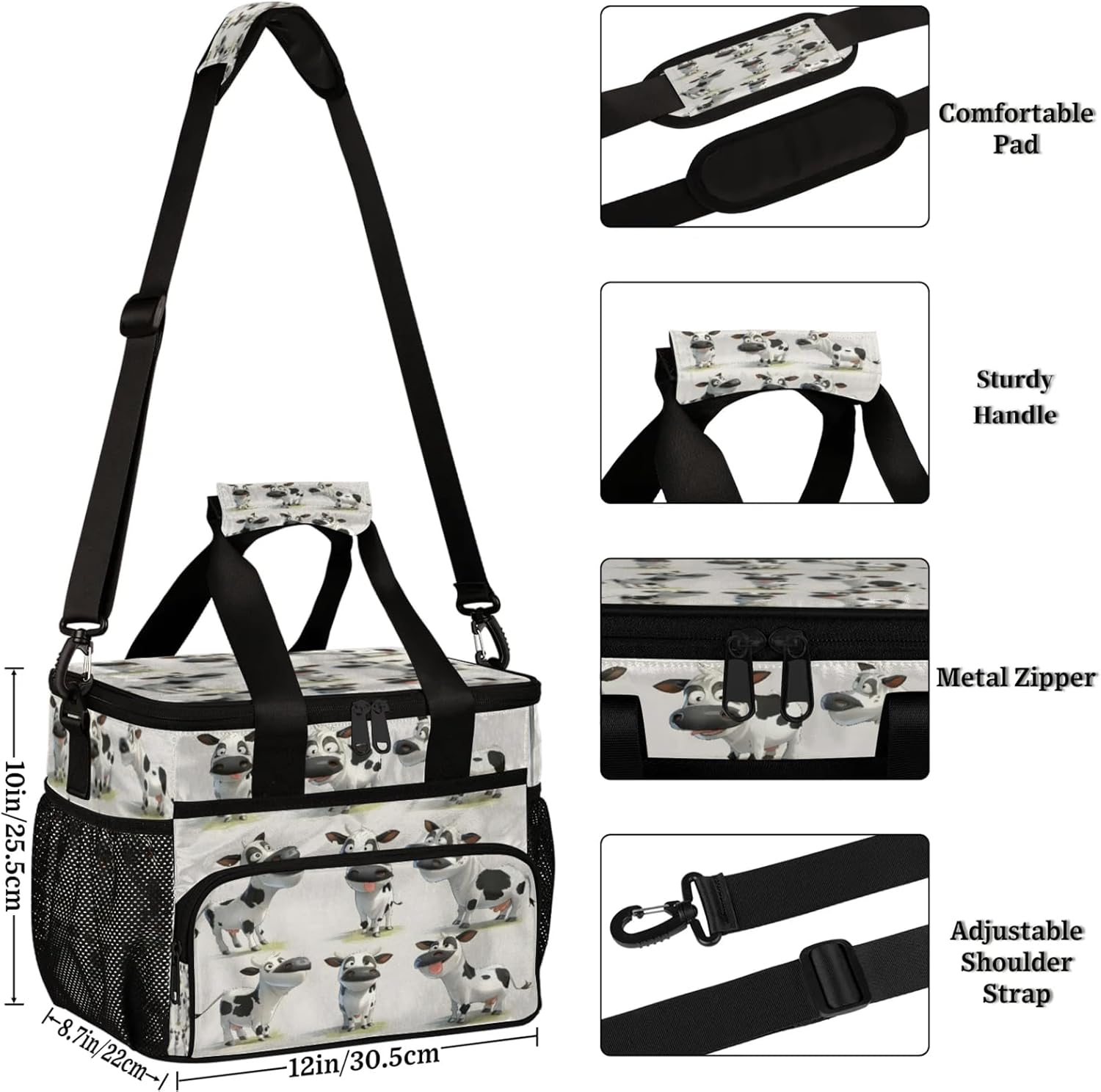 Cow Farm Animal Insulated Large Lunch Bag Lunchbox Reusable Leakproof Cooler Bags with Shoulder Strap for Adult Men Women Work Picnic