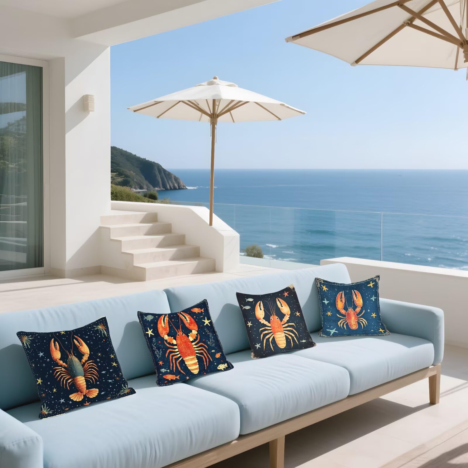 Cojines Sofa Fundas Cojines 50x50cm SúPer Suave Cojin Azul marino Langosta Juego de 4, Fundas Almohada Impermeable Exterior, Interior Y Exterior Cojin Decorativos, Para SalóN Regalos NavideñOs P-187