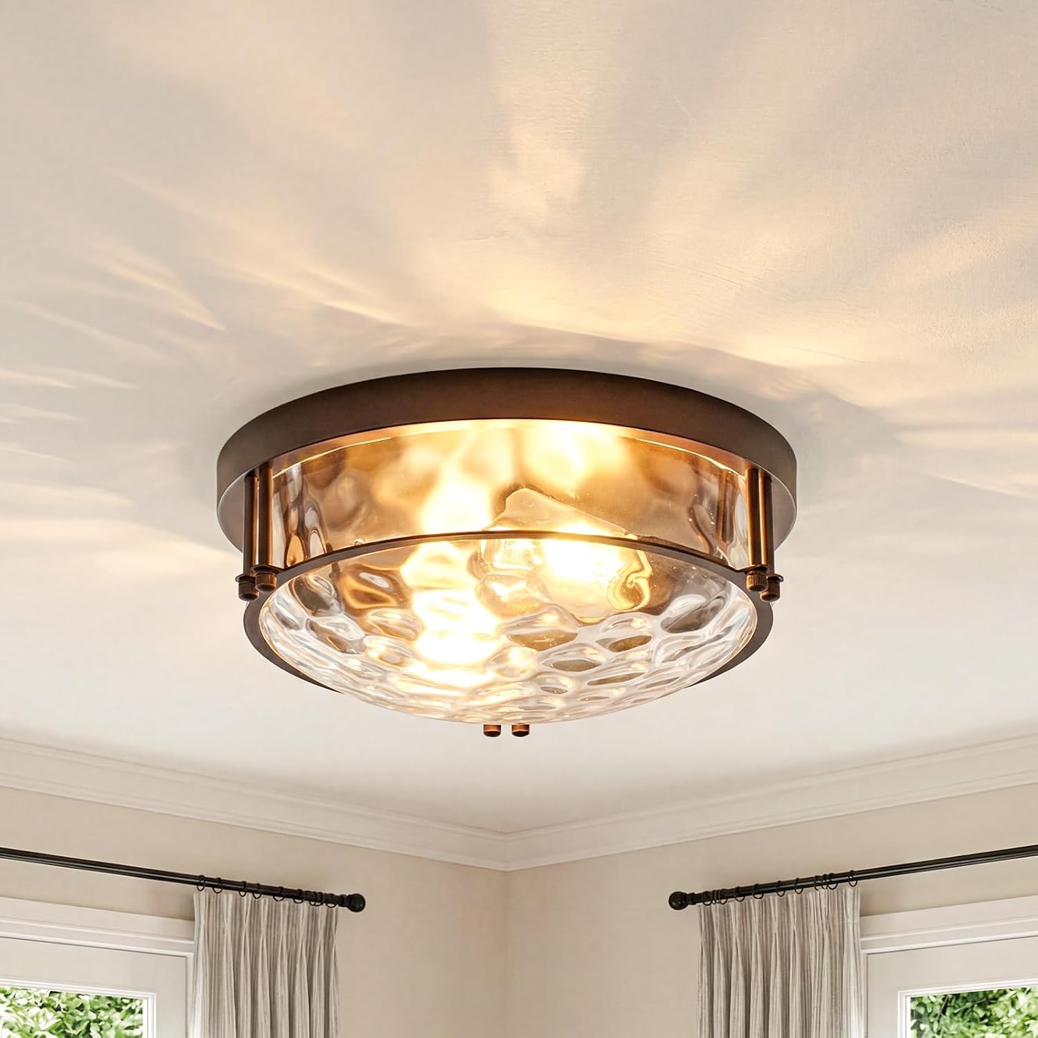 12-inch 2-Light Flush Mount Ceiling Light Fixture, Oil Rubbed Bronze | Clear Hammered Glass Shade, Sturdy Metal Frame, E26 Socket, Hardwired, 120V, for Bedroom Hallway Living Room Kitchen
