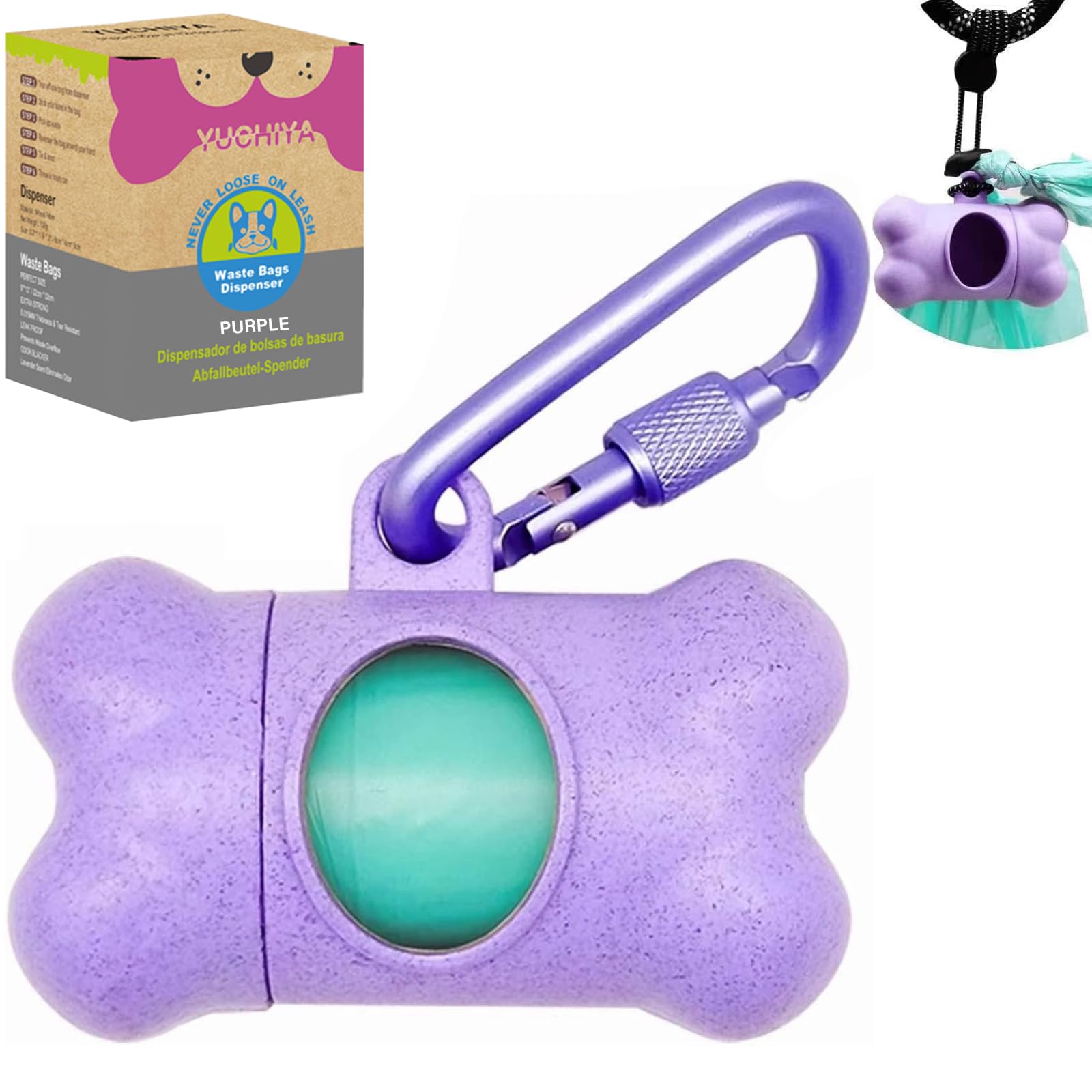 YUCHIYA Dog Poop Pickup Bags Holder Dispenser with Standard-Sized Leak-Proof Scented Doggy Waste Bags and Carabiner Hook and Loop Fastener Never Loose