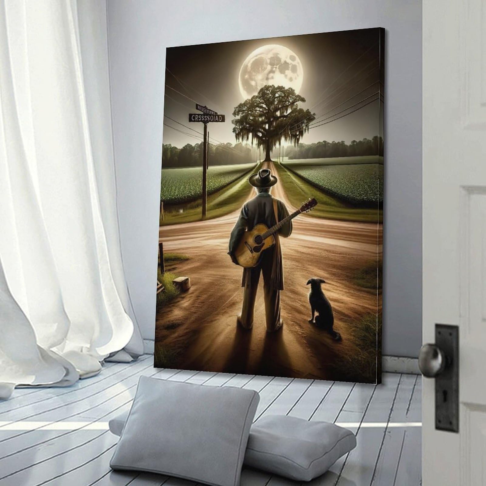 CWLLOG Stampe artistiche da parete su tela, poster con musica country chitarrista su strada al chiaro di luna, stile moderno, decorazione per soggiorno e camera da letto, 40 x 60 cm