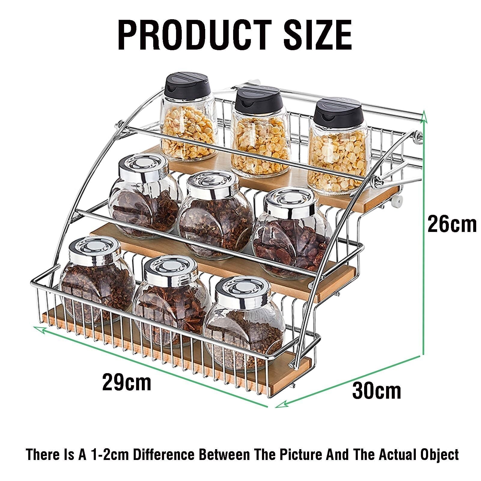 Organizer estraibile a 3 ripiani, in acciaio inox e legno, 29 x 30 x 26 cm, per dispensa, bar, caffetteria