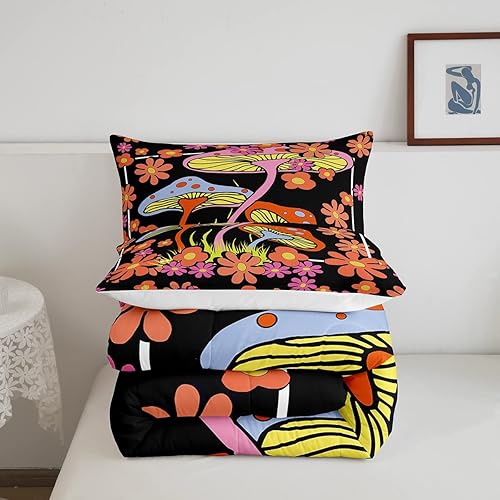 Miniatura 5 de Groovy - Juego de edredón de flores para niñas y niños, edredón retro floral bohemio con hongos de los años 70, juego de ropa de cama de flores