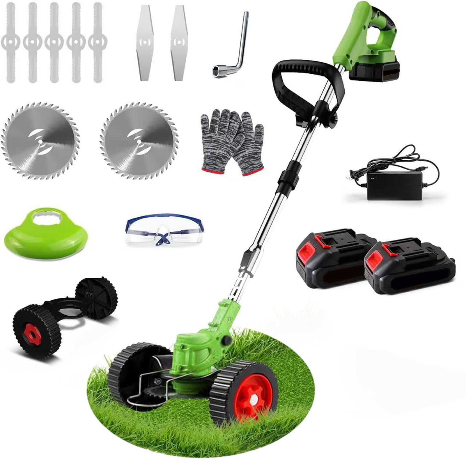 Cordless Garden Strimmers,Electric Cordless 21v Grass Strimmer with 2 X 2000mAh Battery, Adjustable Metal Blades,Garden Trimmer Telescopic Lightweight with Roller for Gardens,Park Lawns (Green)