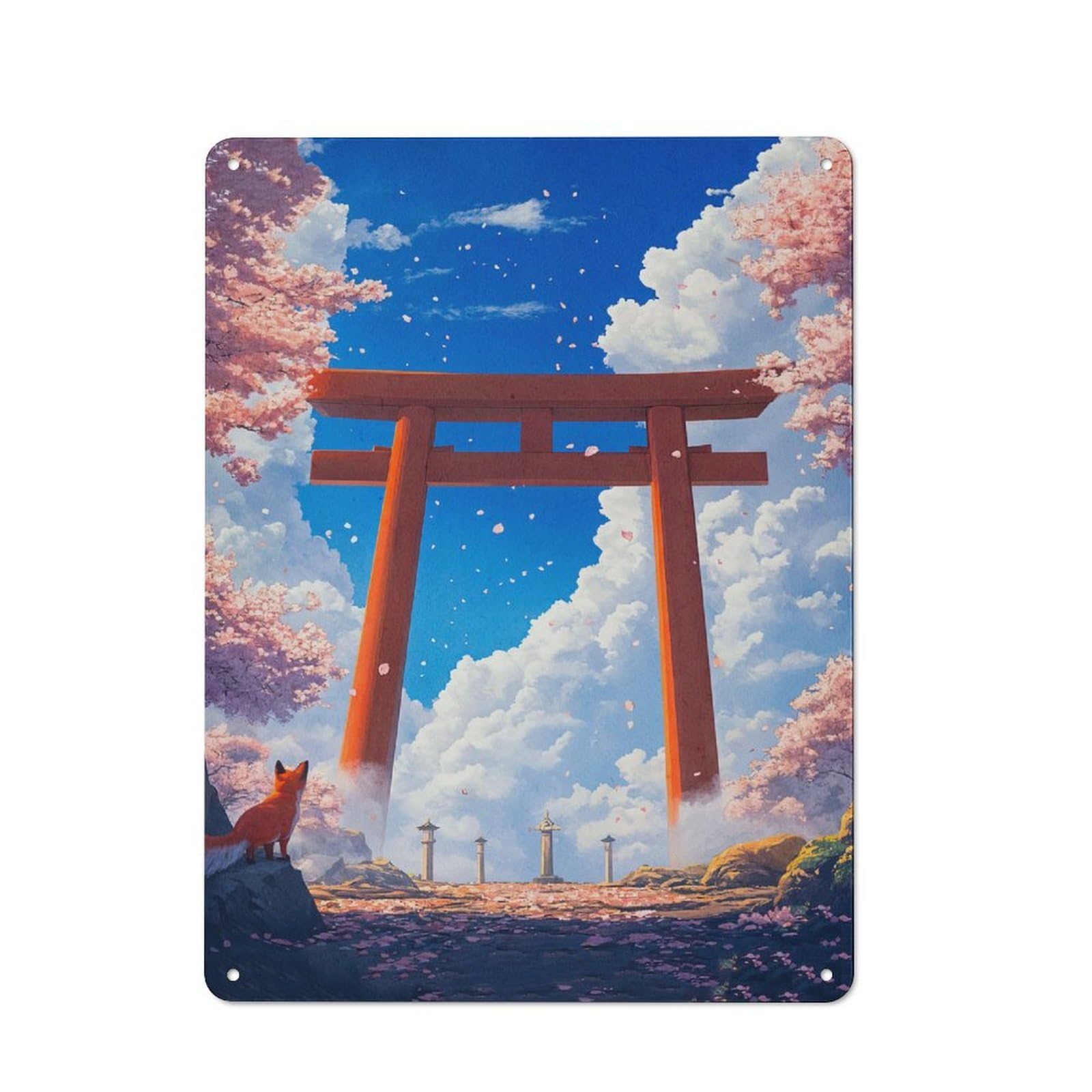 Classic Kitchen Metal Sign 40x30cm Featuring Fox Under Torii Gate, Cafe Wall Decor for Restaurant, Kitchen, Counter Or Breakfast Nook