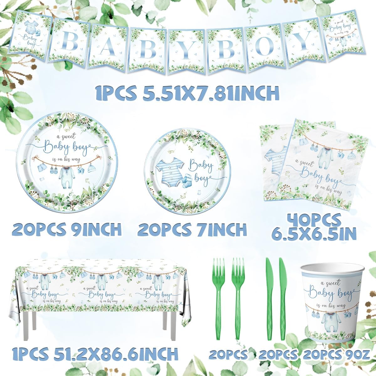 Greenery Baby Shower Tableware Set, Watercolor Blue Boy Plates, Napkins, Cups, Tablecloth for Boy Baby Shower Gender Reveal Supplies - Image 6